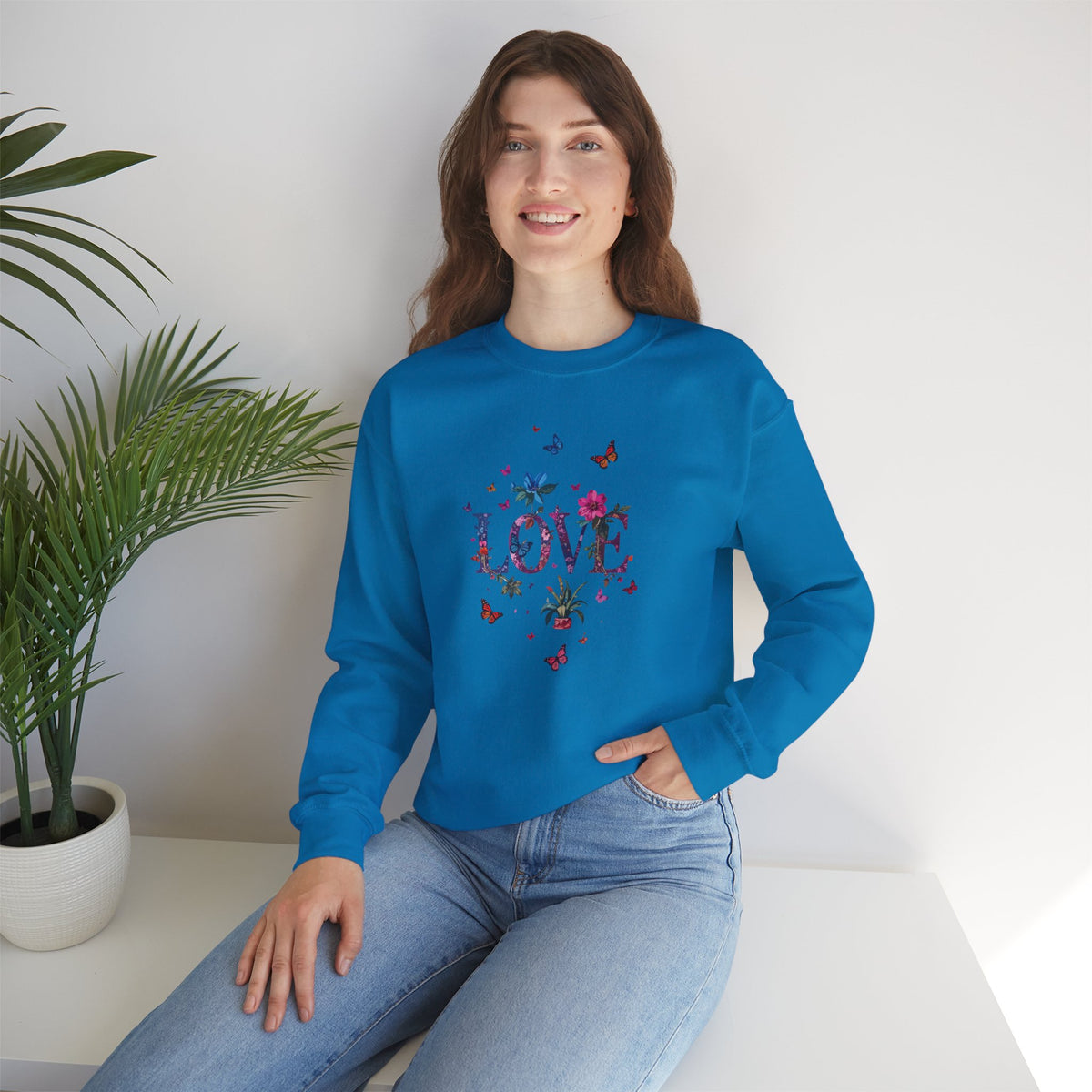 Unisex Floral Love Sweatshirt, Love Floral Sweatshirt, Floral Butterfly Sweatshirt, 50/50 Cotton-Poly Valentine's Day Sweatshirt 03