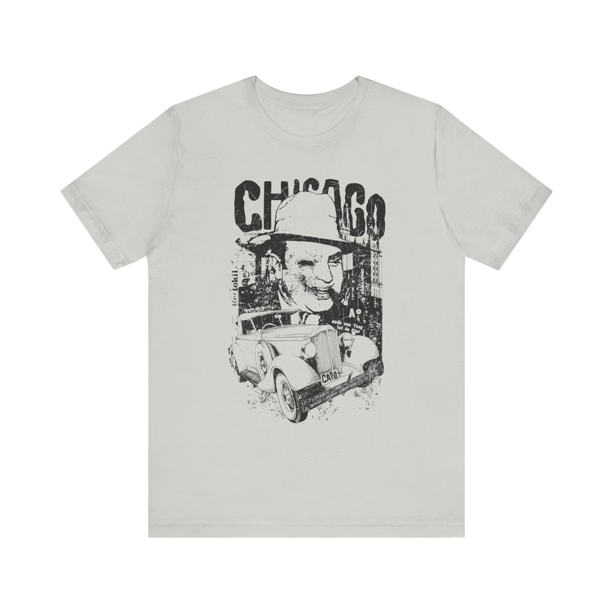 Chicago Retro Mobster Illustration Tee Vintage Car Cityscape Art Design Unisex Cotton T-Shirt A-8