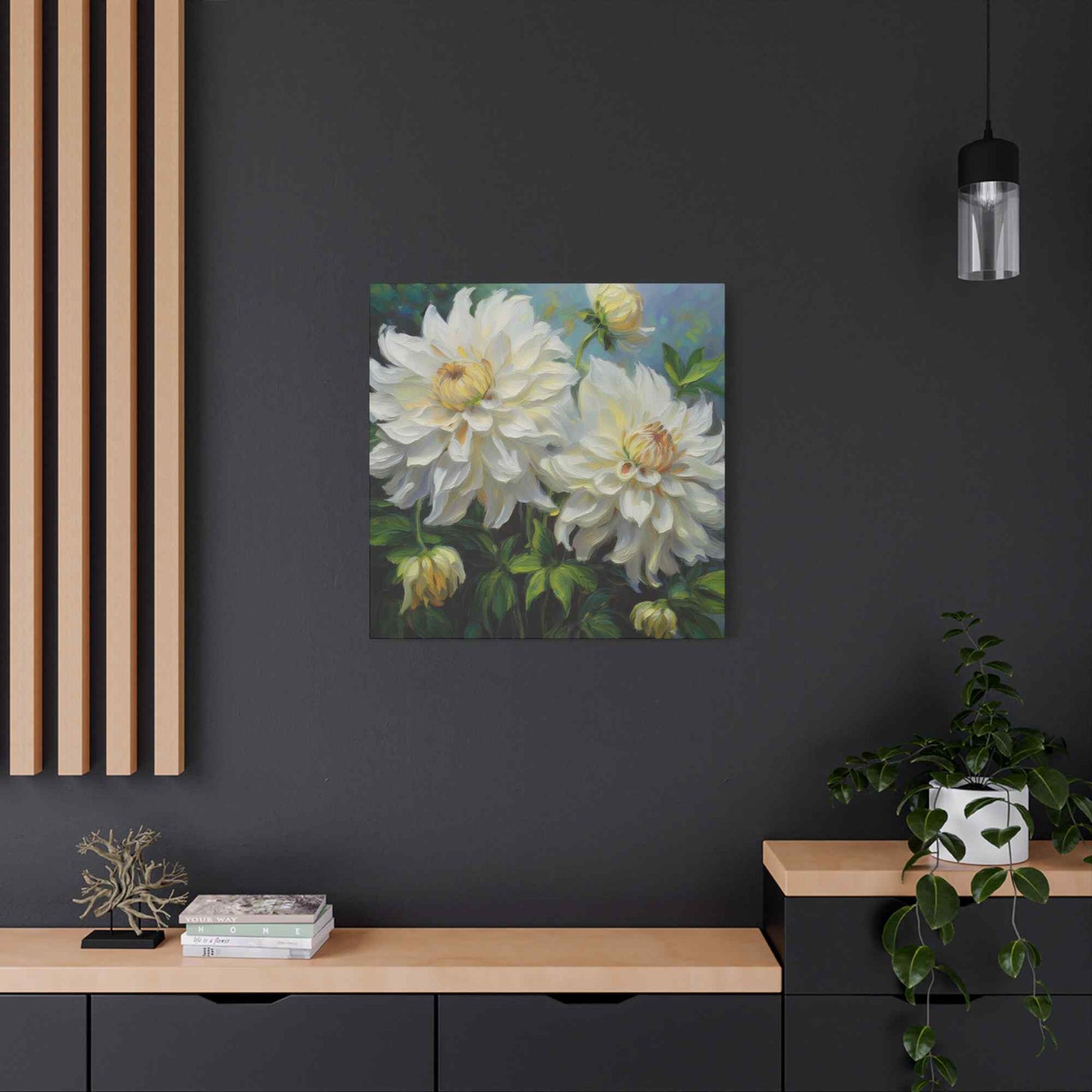 White Dahlias Print Canvas, Floral Oil Paint Print 20x20, 24x24, 30x30, 32x32, 36x36 Art Design Pine-Wood Inner Frame MC-170