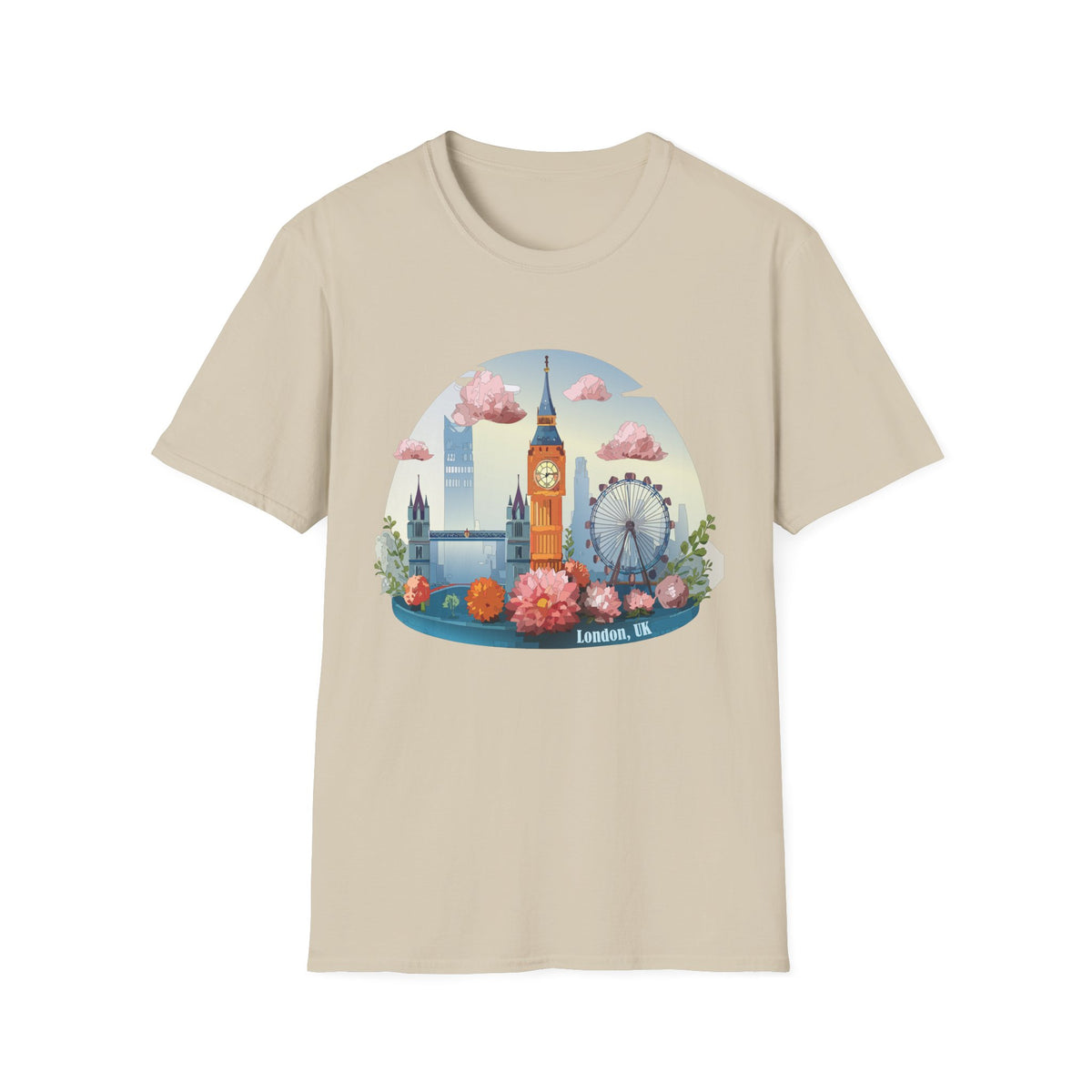 Whimsical London Skyline T-Shirt | Big Ben, London Eye, pastel clouds