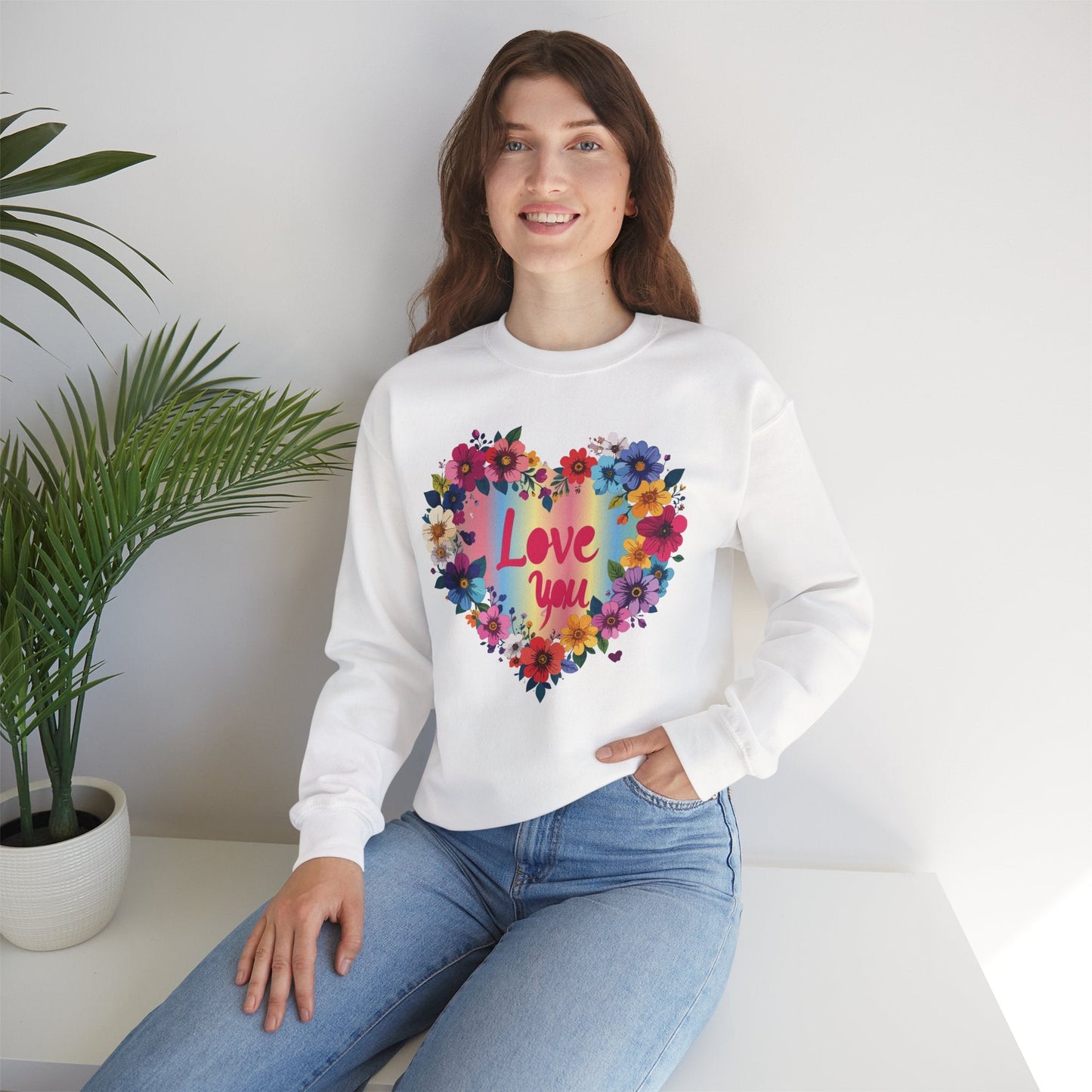 Valentines Day Floral Heart Sweatshirt Unisex Crewneck Floral Love You Gildan 18000 Heavy Blend