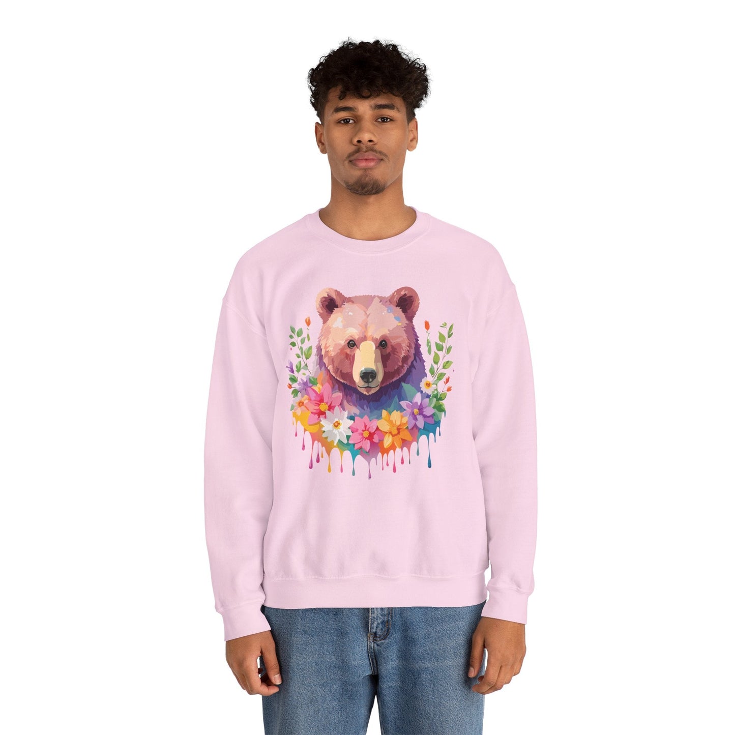 Unisex Floral Bear Sweatshirt Art Design Animals Sweatshirt Cozy Cotton Blend