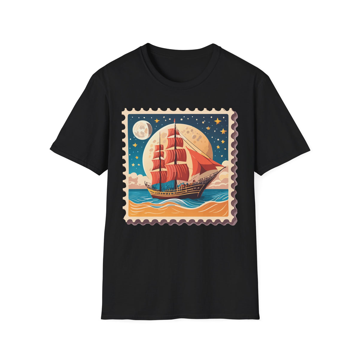 Vintage Sailing Ship Stamp T-Shirt | Retro Moonlit Ocean Illustration