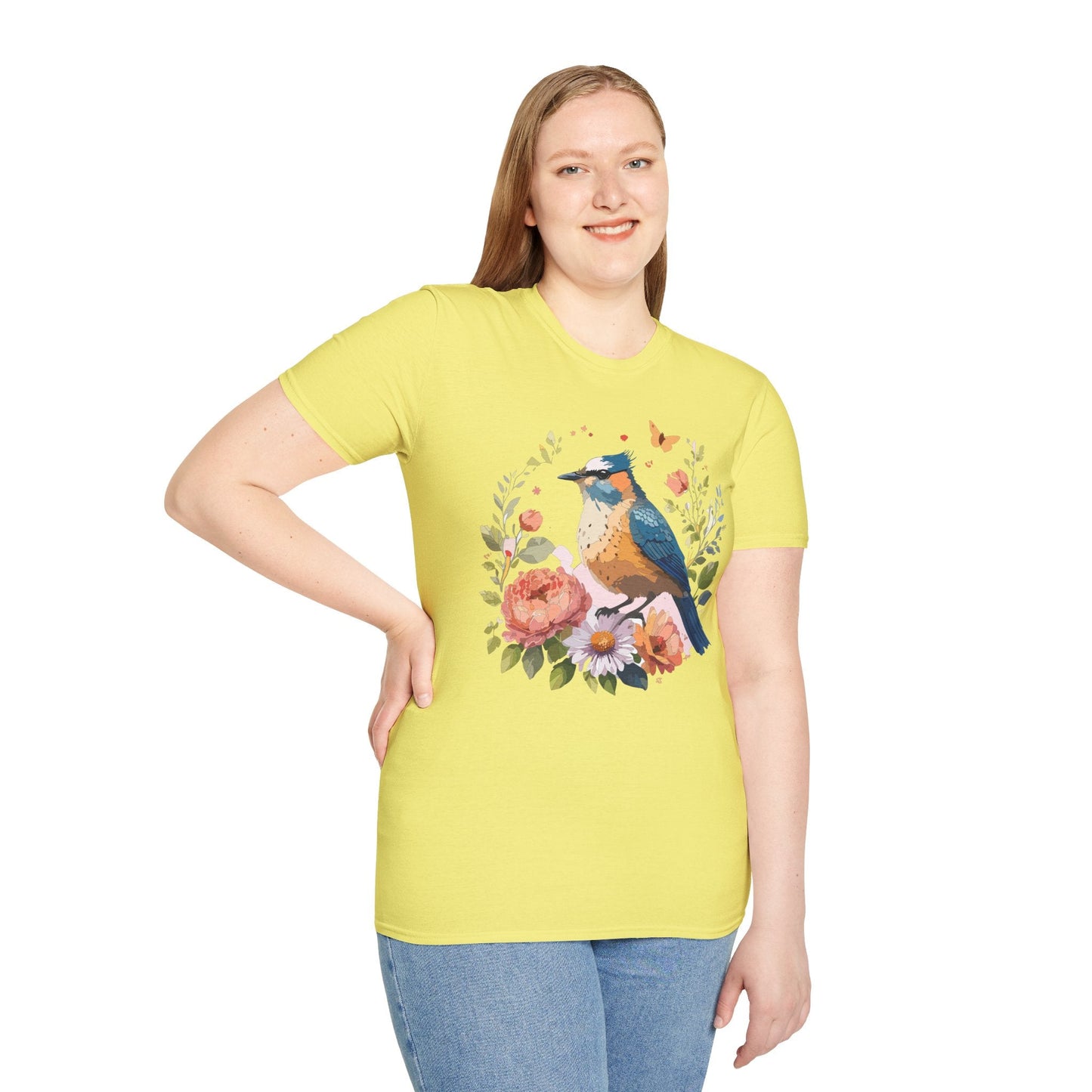 Floral Bird T Shirt Unisex Softstyle Gildan 64000 Tee 100 Percent Ring Spun Cotton
