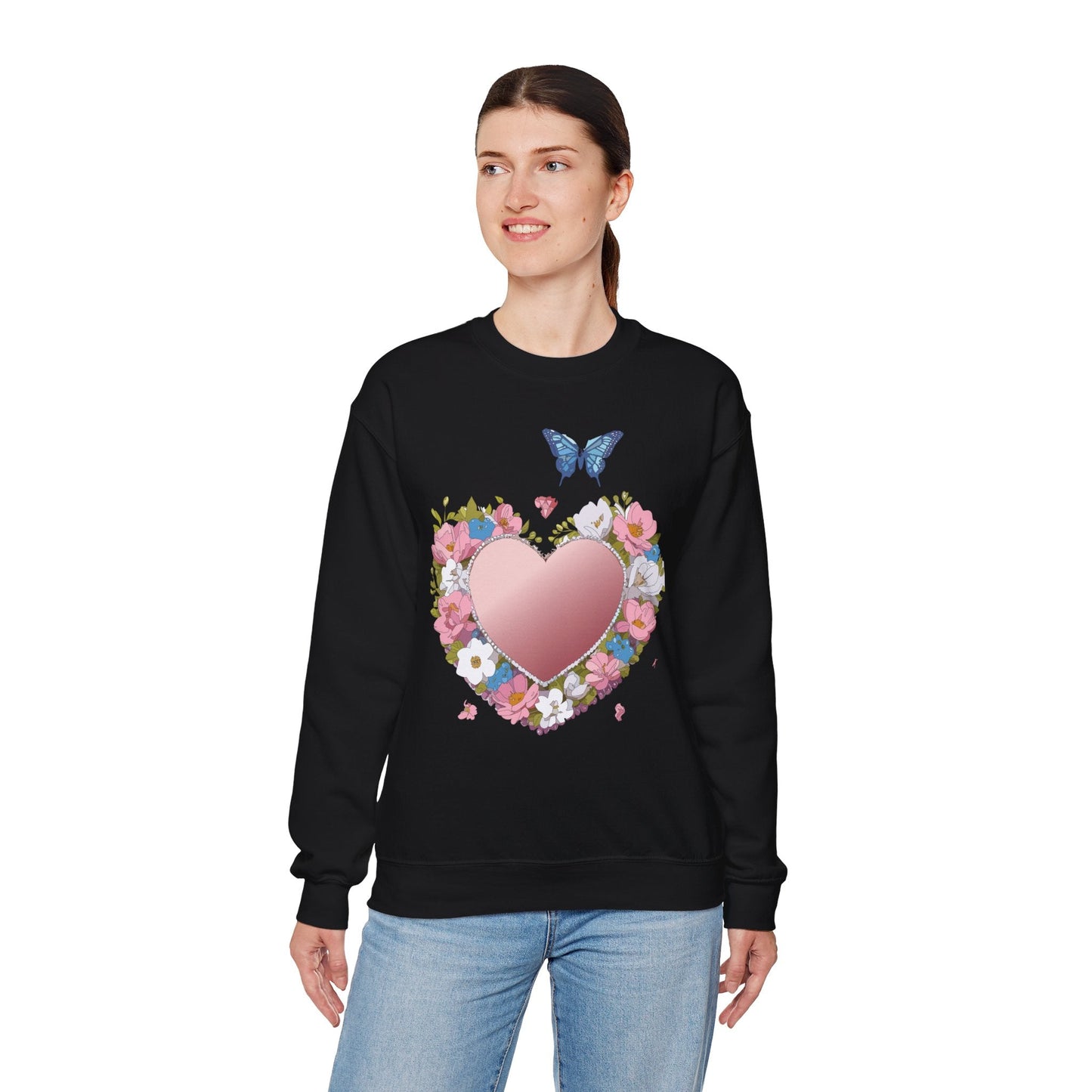 Unisex Floral Heart Sweatshirt Valentines Day Love Crewneck Gildan 18000 50/50 Cotton Polyester