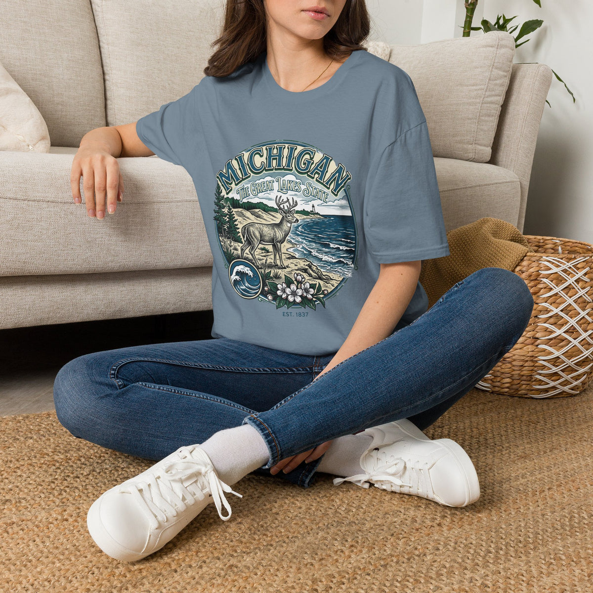 Michigan Deer Scenic T-Shirt — Vintage Great Lakes Travel Tourist Graphic Design Unisex 100 Cotton Gildan T-Shirt