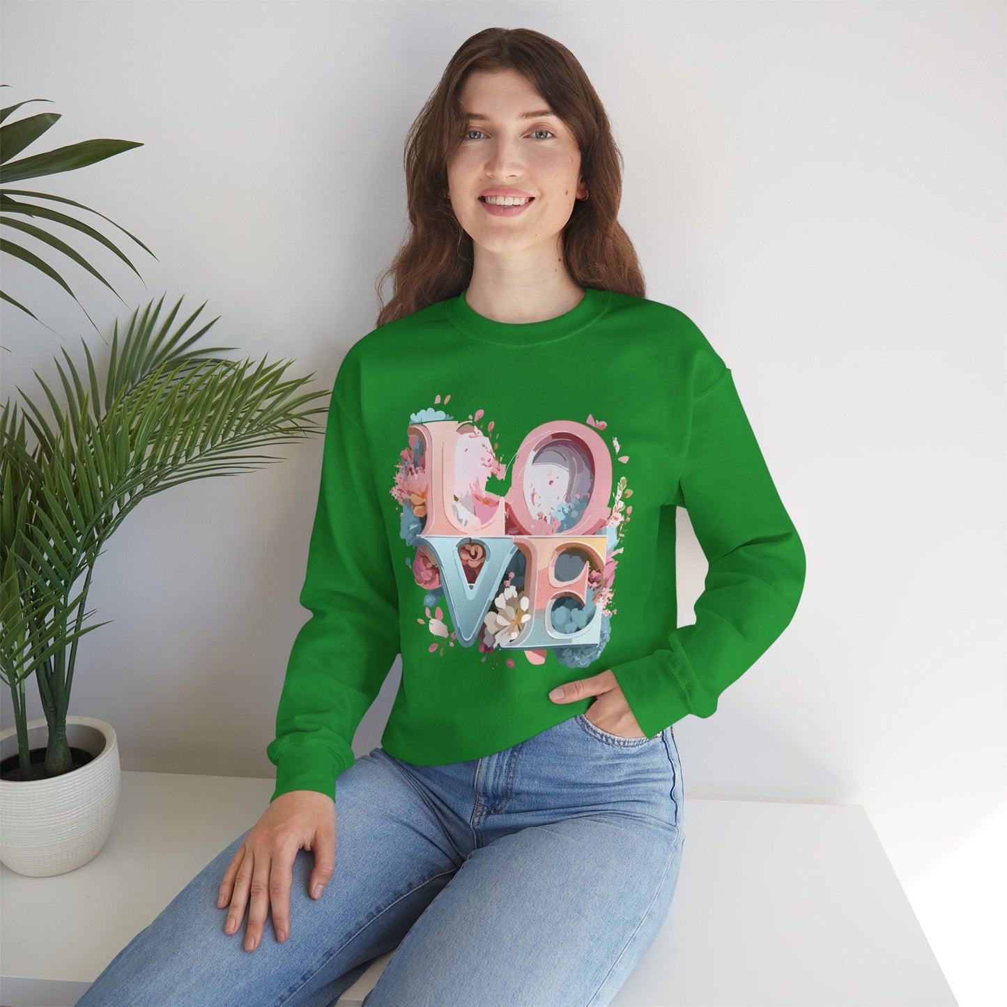 Floral Love Sweatshirt Unisex Crewneck Valentine Day Gift Gildan 18000 Fifty Fifty Cotton Blend