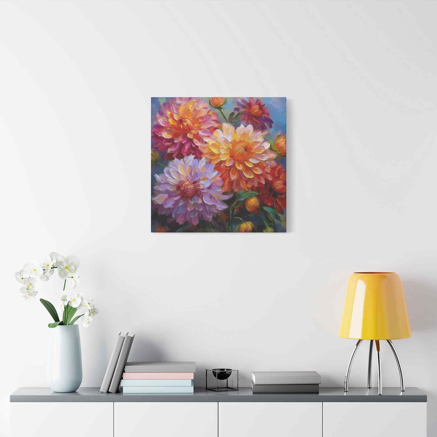 Dahlias Floral Print Canvas, Floral Oil Paint Print 20x20, 24x24, 30x30, 32x32, 36x36 Art Design Pine-Wood Inner Frame MC-165