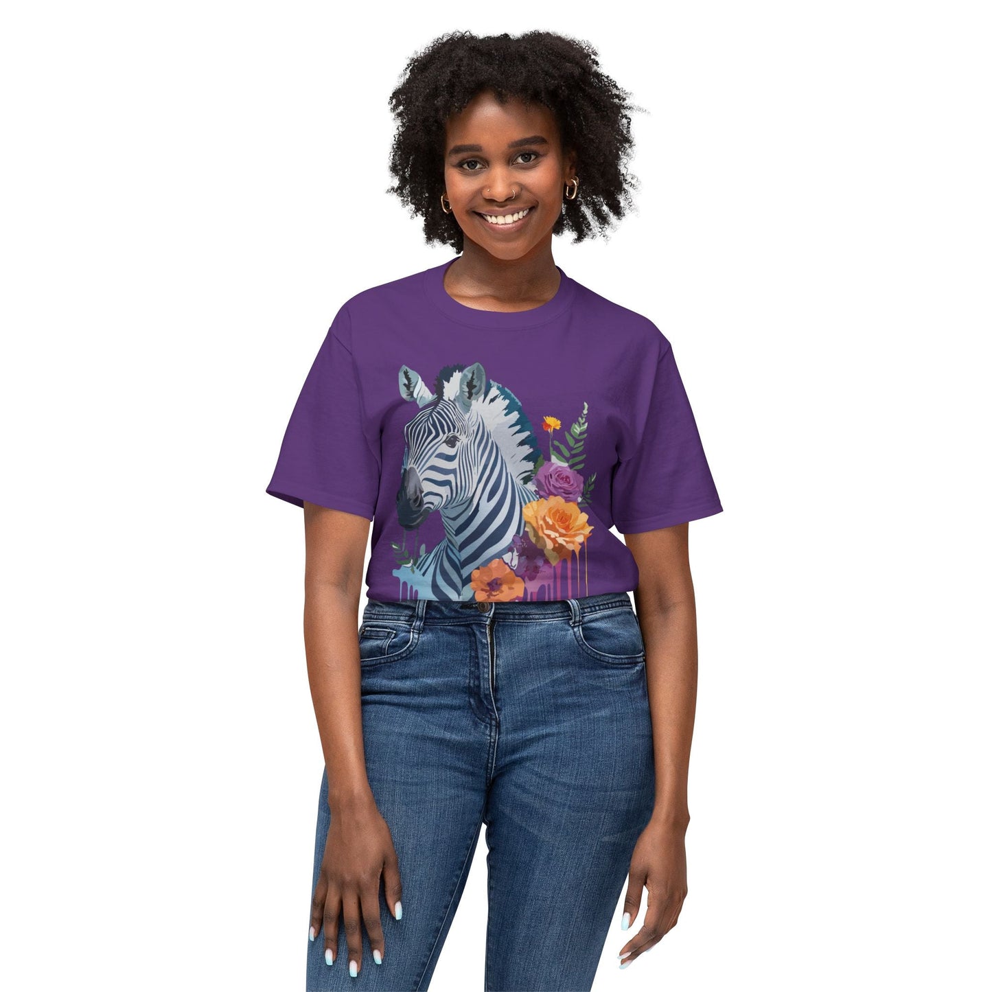 Unisex Zebra T Shirt With Floral Art Print Premium HD Cotton Jersey Tee Made In USA