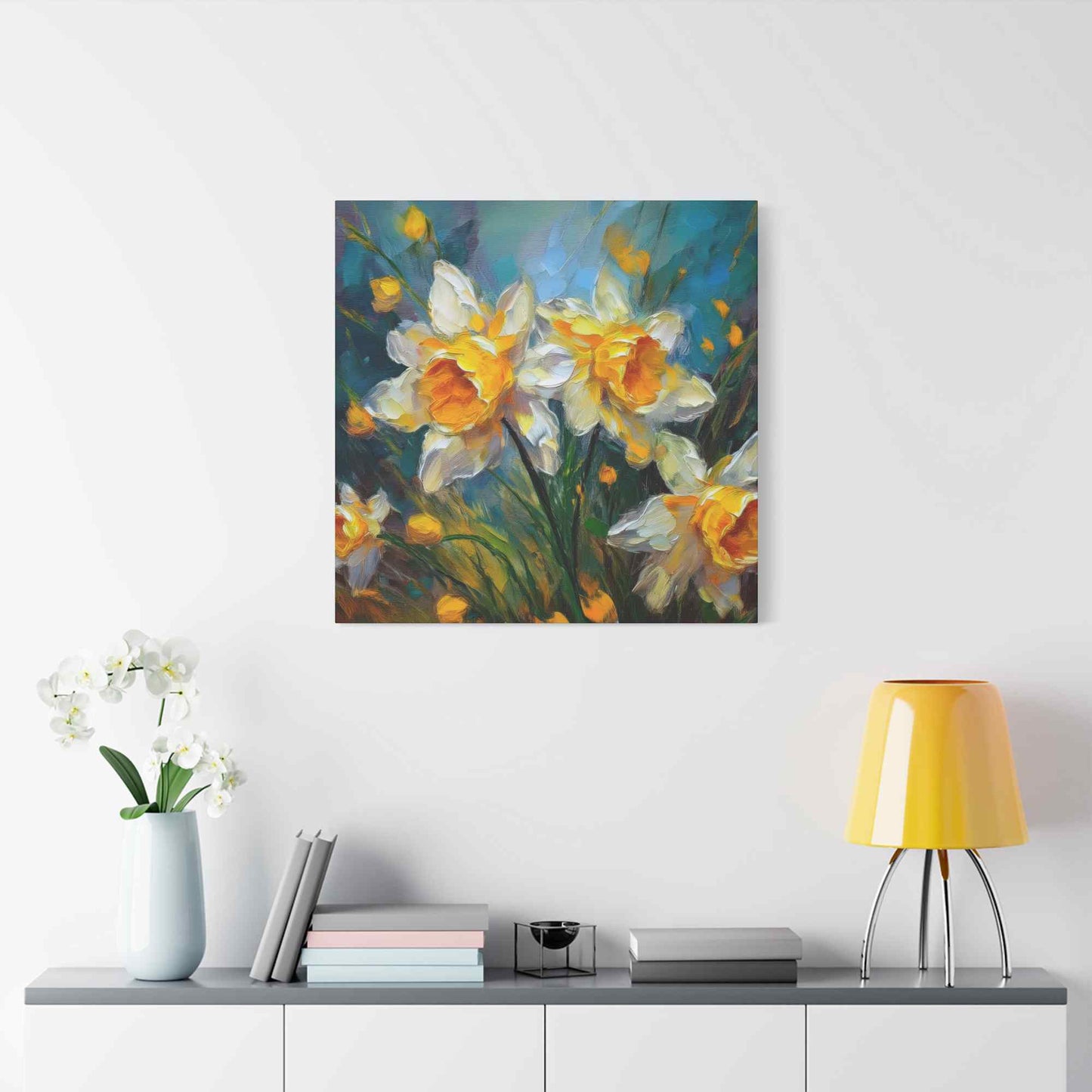 Narcissus Print Canvas, Floral Oil Paint Print 20x20, 24x24, 30x30, 32x32, 36x36 Art Design Pine-Wood Inner Frame MC-175