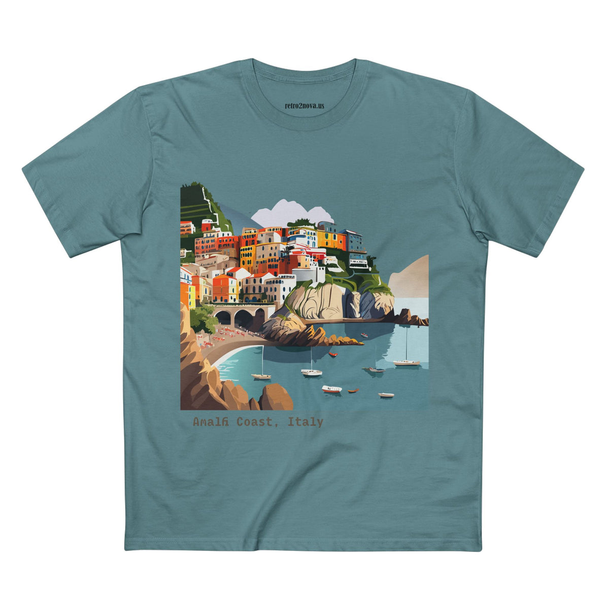 Amalfi Coast Italy illustration T-Shirt | Coastal village, sailboats, seaside print