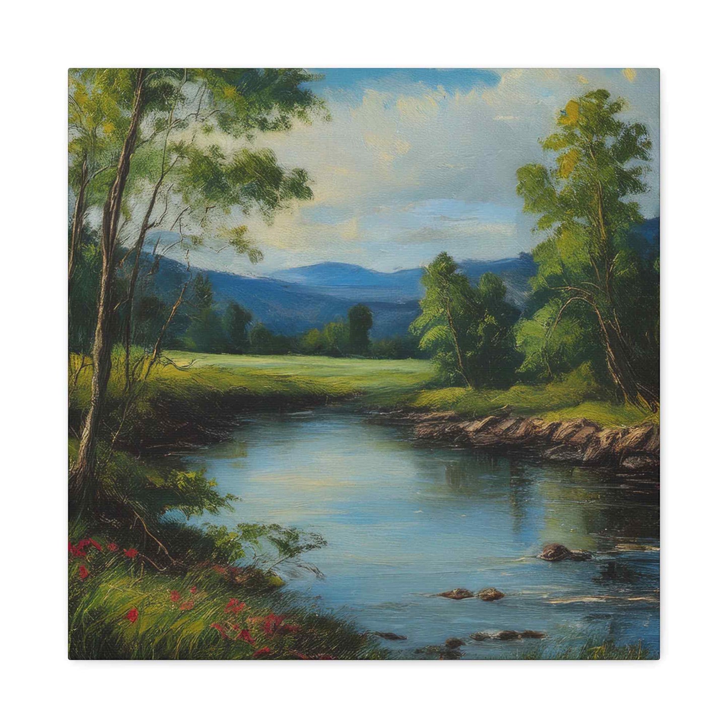 River Print Canvas, Landscape Oil Paint Print 20x20, 24x24, 30x30, 32x32, 36x36 Art Design Print Pine-Wood Inner Frame MC-53