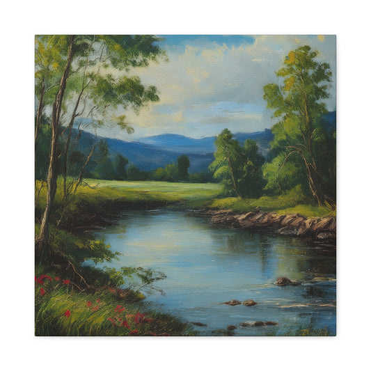 River Print Canvas, Landscape Oil Paint Print 20x20, 24x24, 30x30, 32x32, 36x36 Art Design Print Pine-Wood Inner Frame MC-53