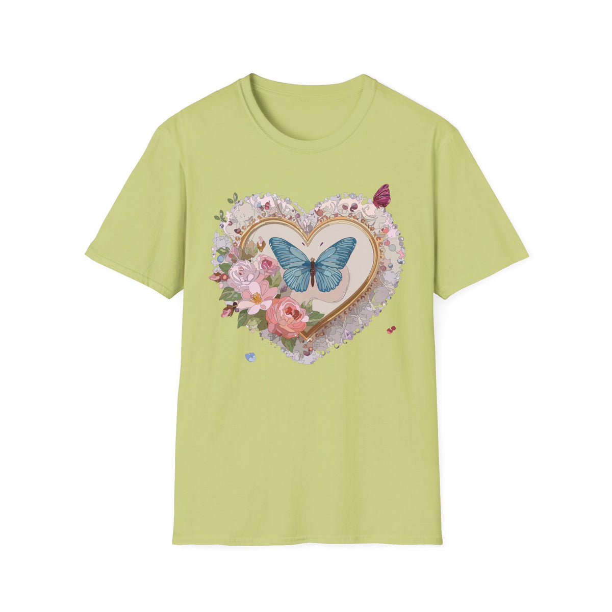 Butterfly Heart T-Shirt — Floral Blue Butterfly Graphic Tee Unisex 100 Cotton Gildan T-Shirt