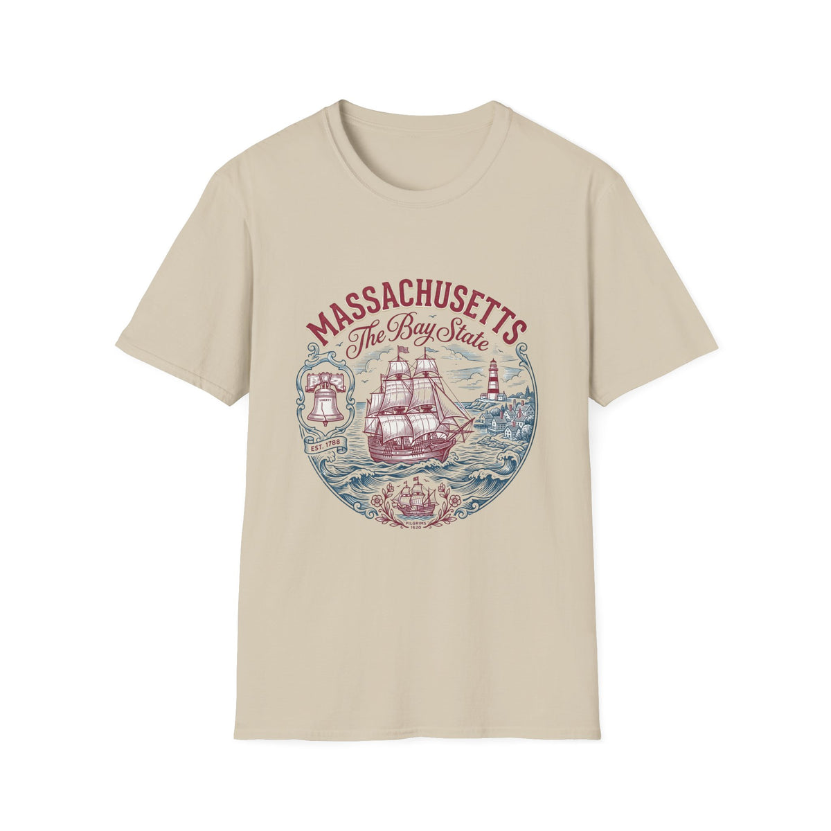 Massachusetts The Bay State T-Shirt – Vintage Nautical Ship Lighthouse Travel Tourist Graphic Design Unisex 100 Cotton Gildan T-Shirt