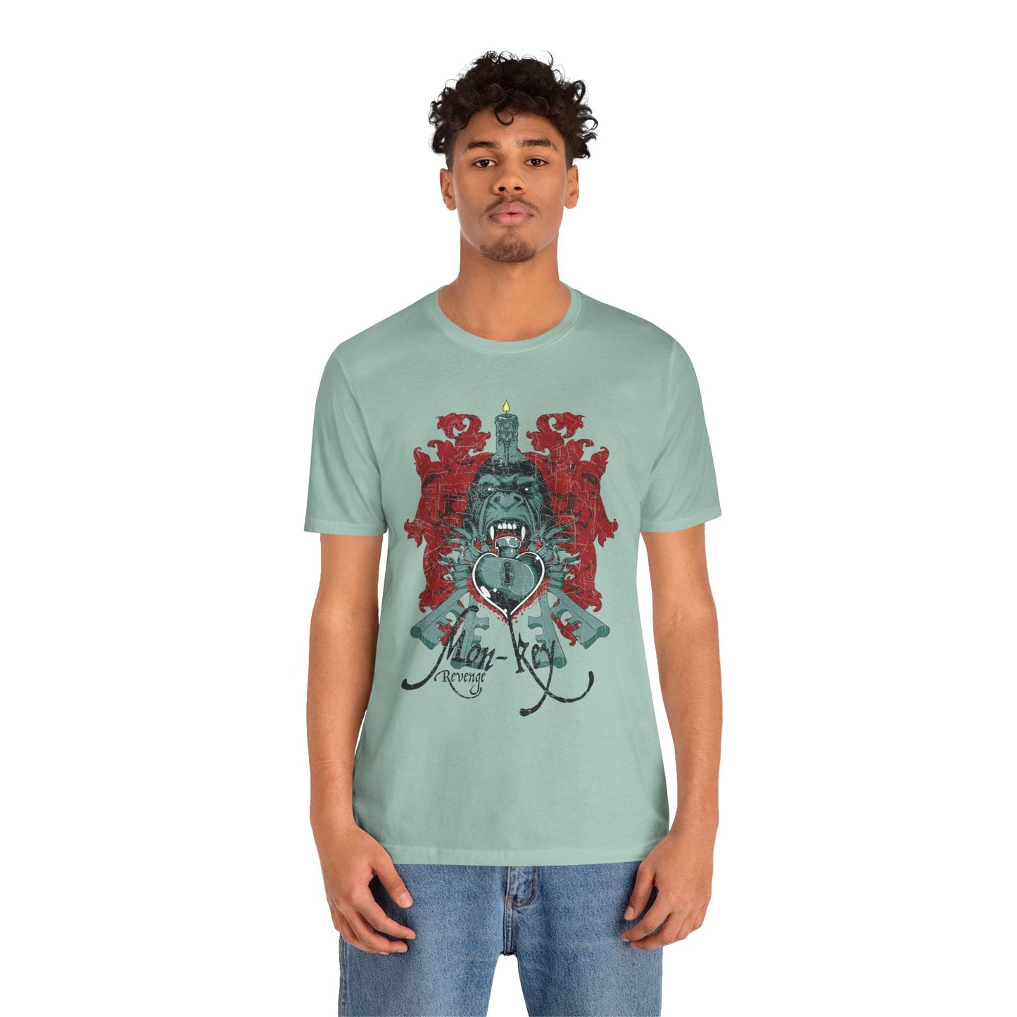 Gorilla Crest with Sword and Heart T-Shirt Heraldic Gothic Design Rock Band T-Shirt