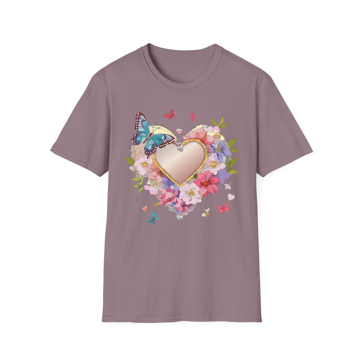 Butterfly Floral Heart Pink Gold Heart with Flowers and Butterflies Graphic Design Unisex 100 Cotton Gildan T-Shirt