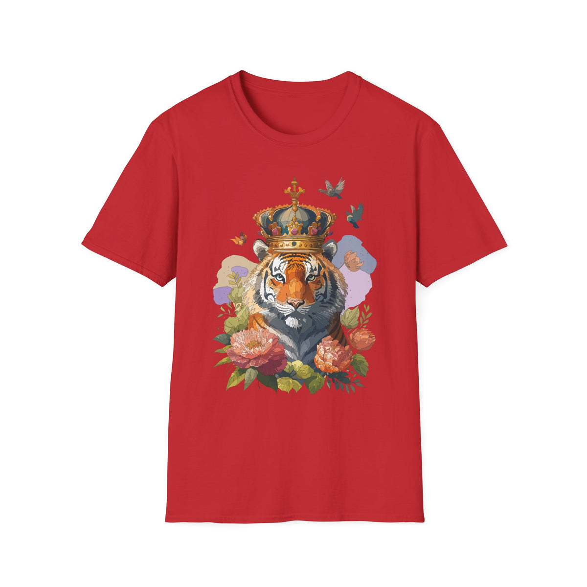 Crowned Tiger Illustration T-Shirt | Floral, Birds, Regal Wildlife Art - Unisex 100 Cotton Gildan 64000