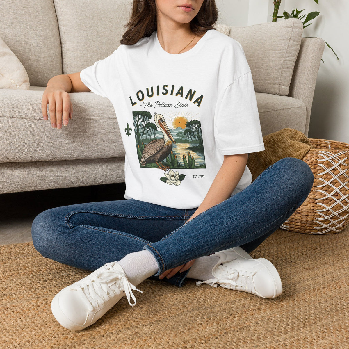 Louisiana Pelican Vintage Travel Tourist Graphic Design Unisex 100 Cotton Gildan T-Shirt