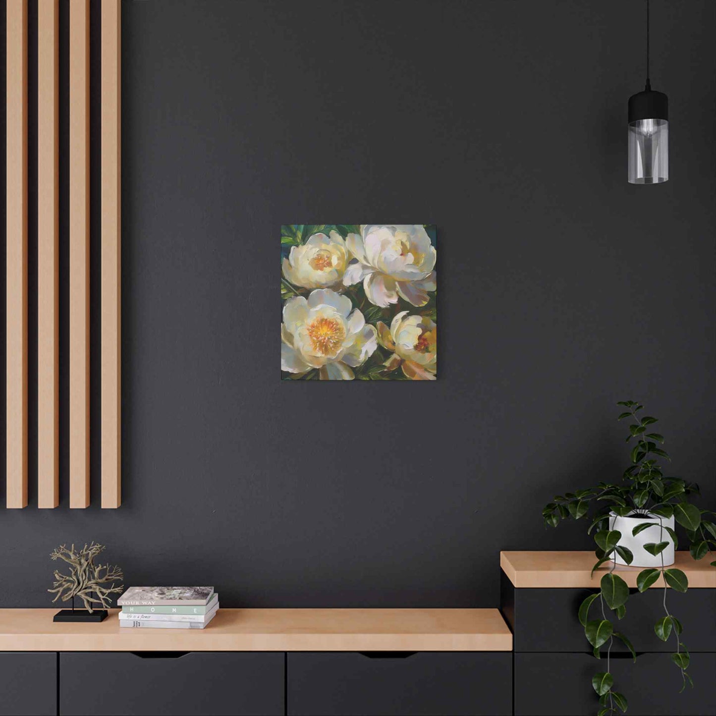 Cream Peonies Print Canvas, Floral Oil Paint Print 20x20, 24x24, 30x30, 32x32, 36x36 Art Design Pine-Wood Inner Frame MC-124