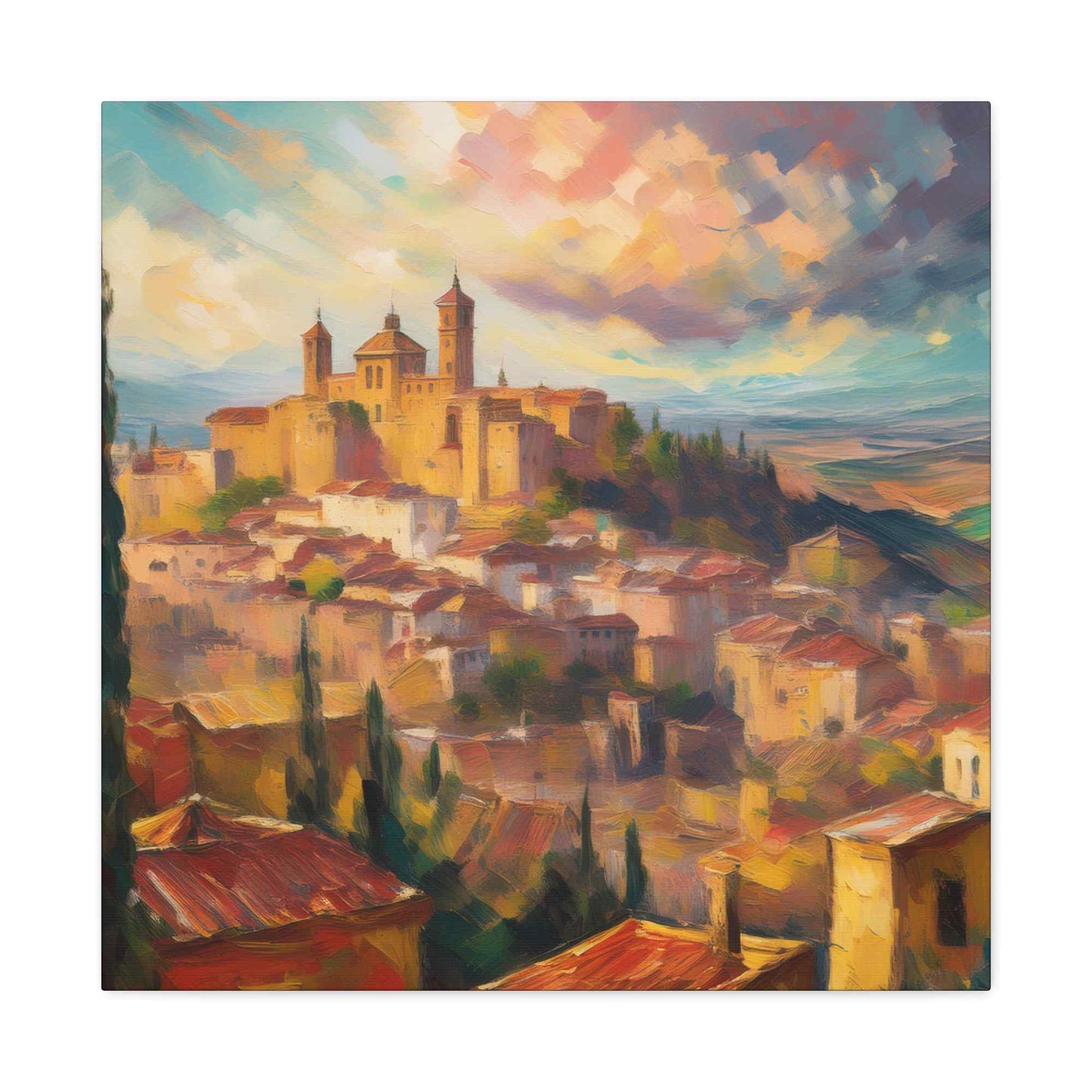 Spanish City Print Canvas, Oil Paint Print 20x20, 24x24, 30x30, 32x32, 36x36 Art Design Print Pine-Wood Inner Frame MC-58