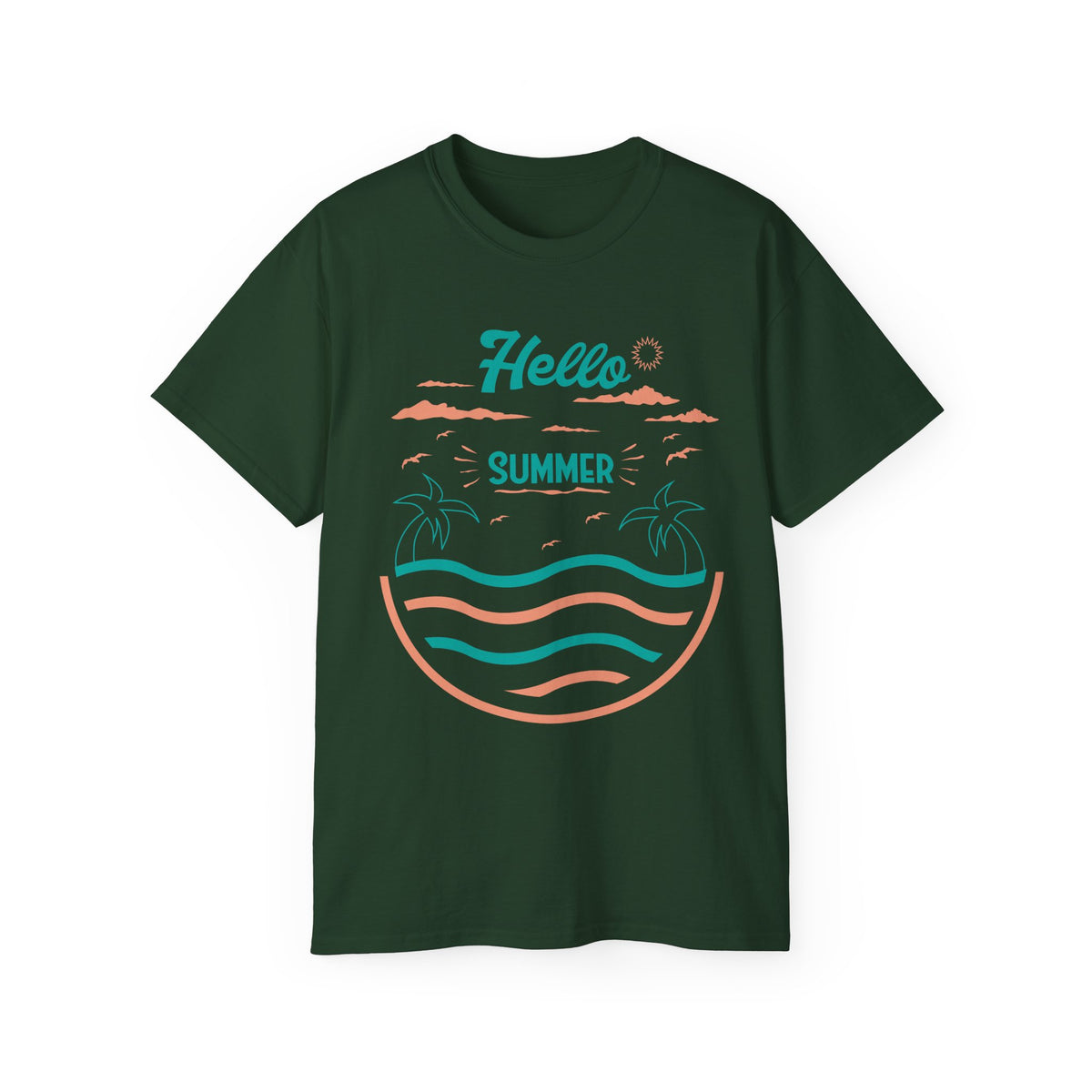 Hello Summer Beach Waves T-Shirt | Palm Tree Sunset Tee