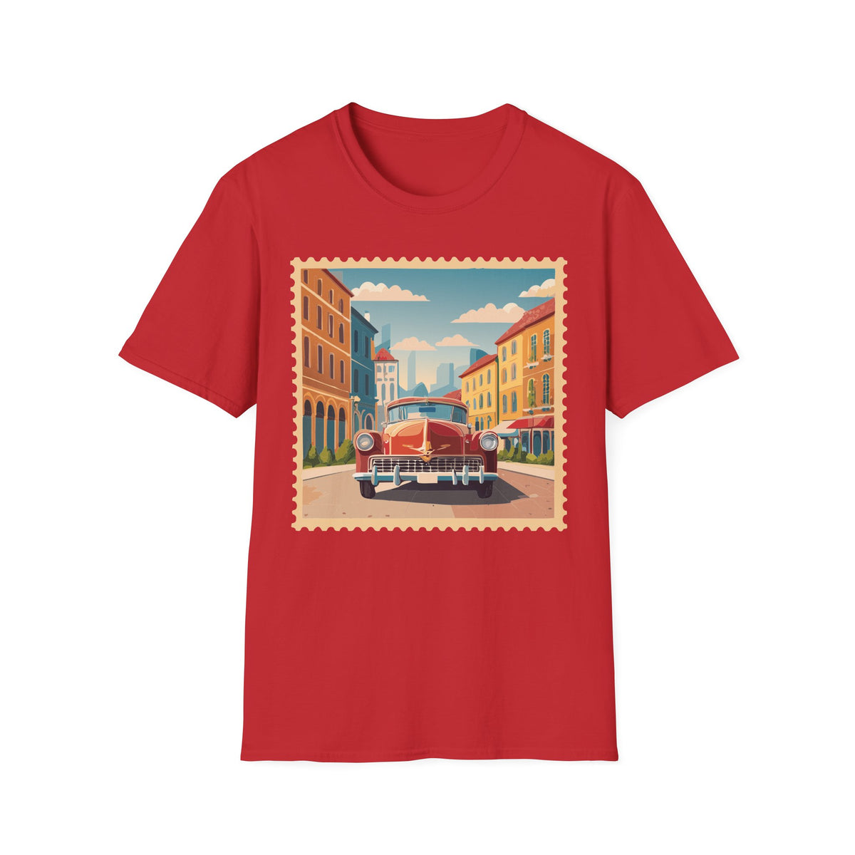 Vintage Cityscape Stamp T-Shirt | Retro Car Street Graphic Tee Unisex 100 Cotton Gildan T-Shirt