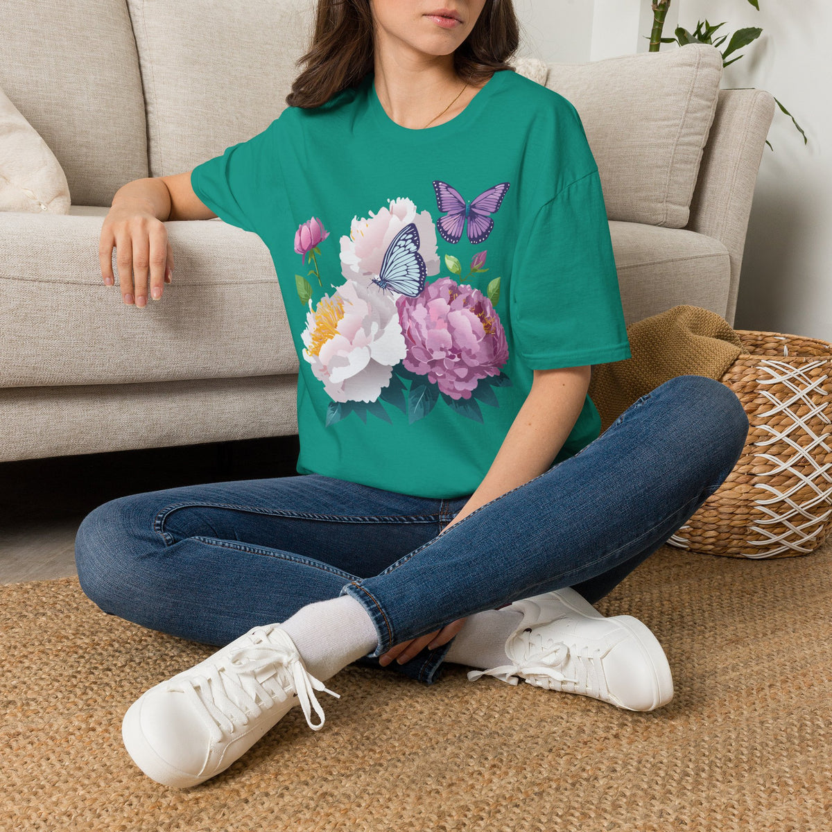 Floral Peonies & Butterflies T-Shirt — pastel garden tee for spring, Mother's Day Graphic Tee Unisex 100 Cotton Gildan T-Shirt