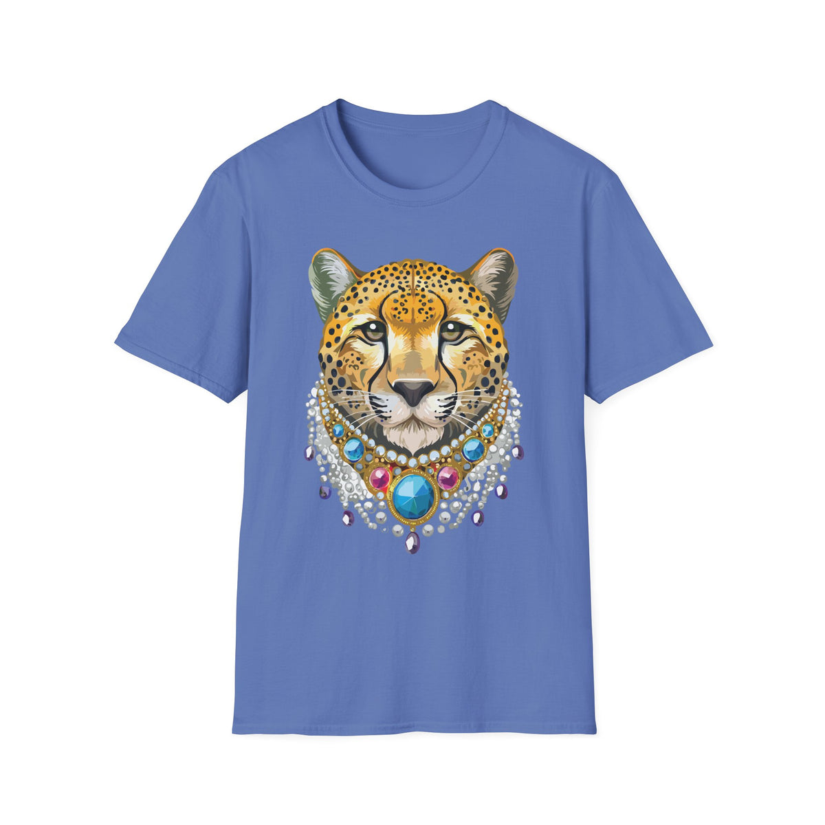 Leopard Portrait T-Shirt | Detailed Cheetah Face with Gem Necklace