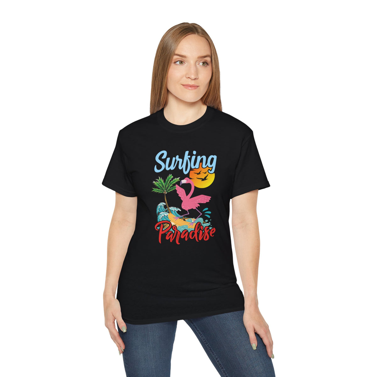 Surfing Paradise Flamingo Tee | Tropical Palm Sunset Surfboard