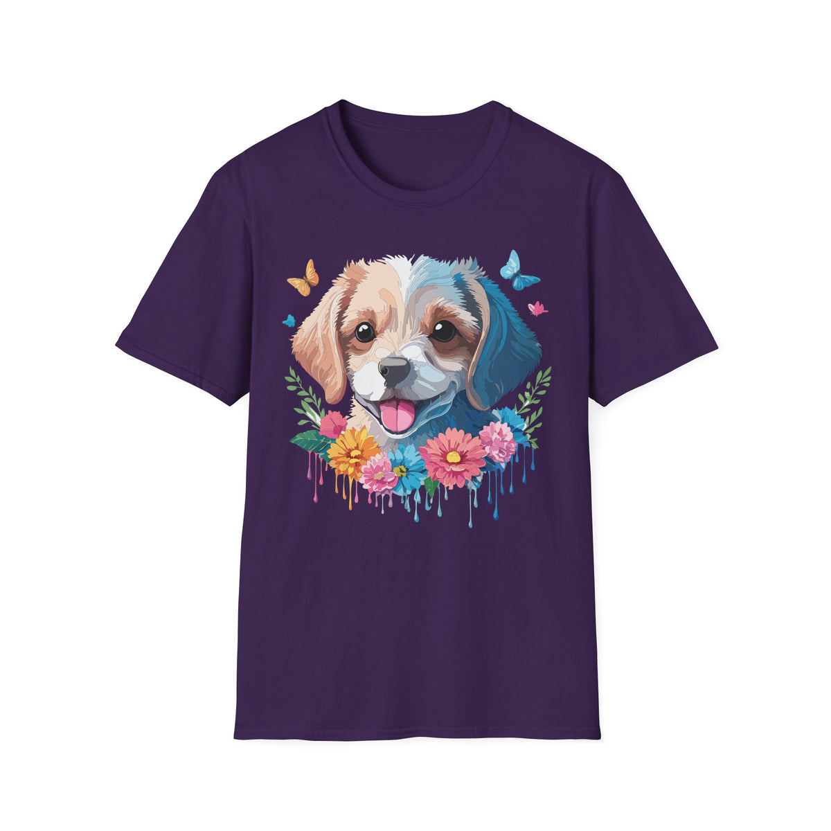 Happy Puppy Face T-Shirt | Cute Dog Portrait, Flowers & Butterflies