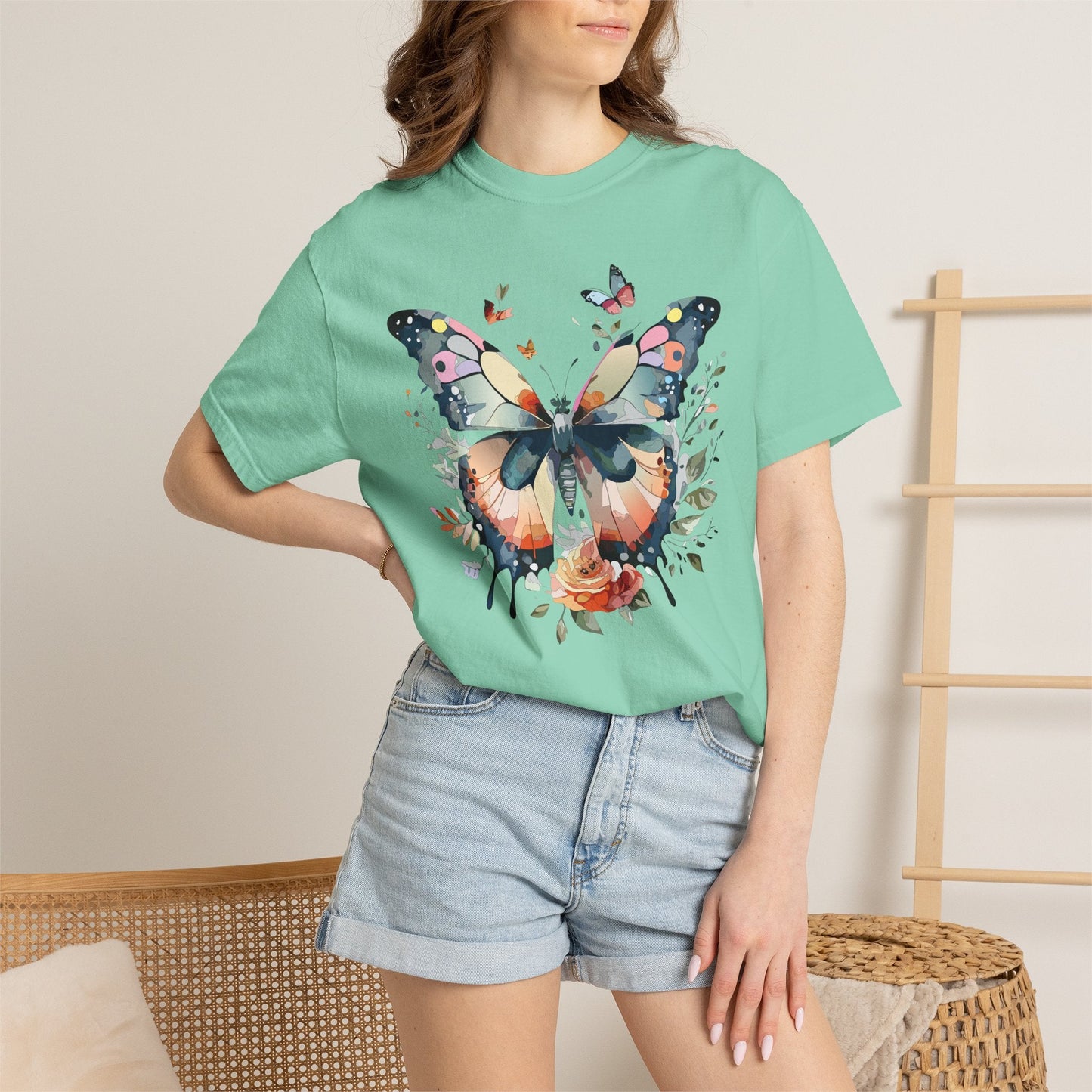 Butterfly Floral Print T-Shirt Botanical Design Unisex Heavy Cotton Tee b3