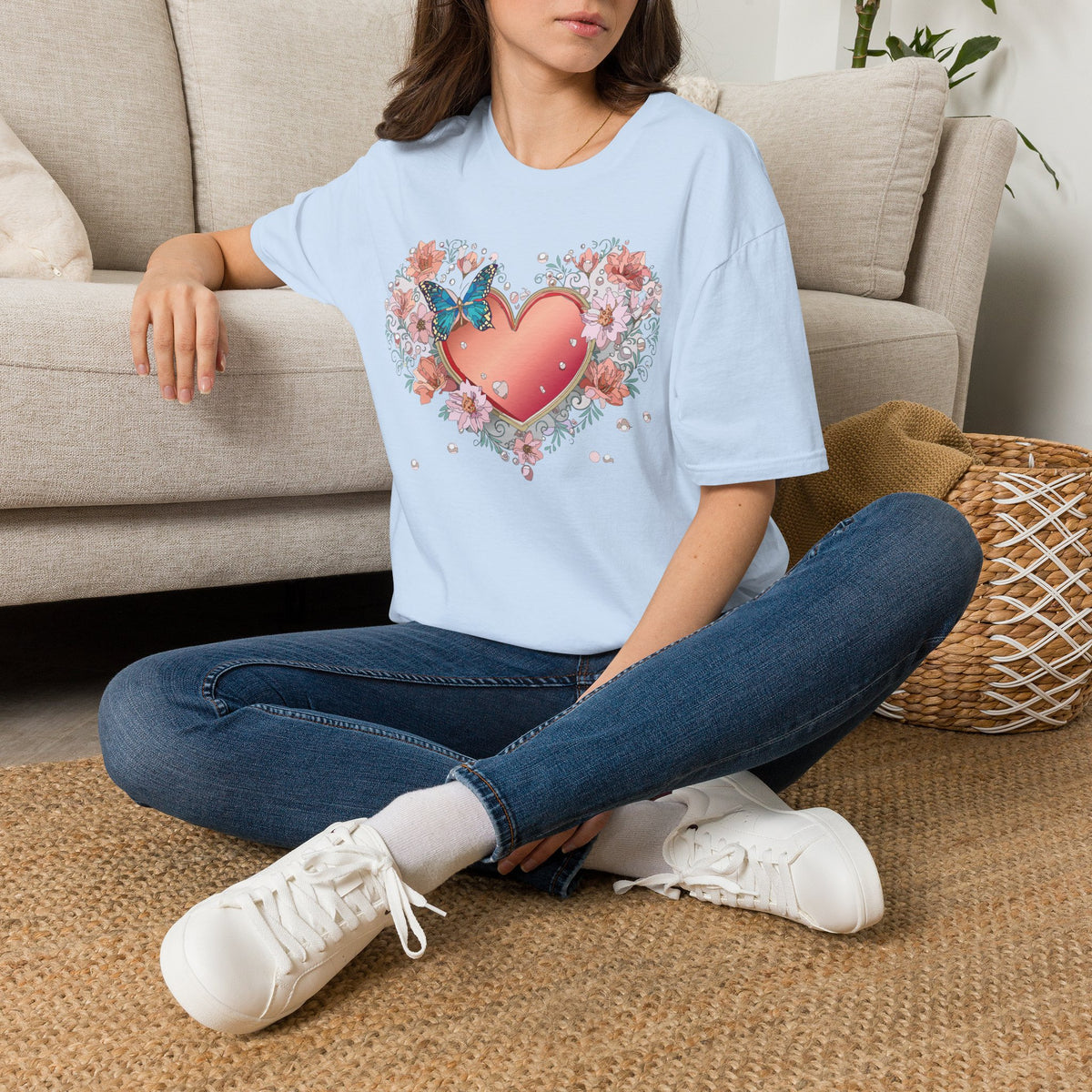 Butterfly Heart Floral Blue Butterfly Graphic Design Unisex 100 Cotton Gildan T-Shirt