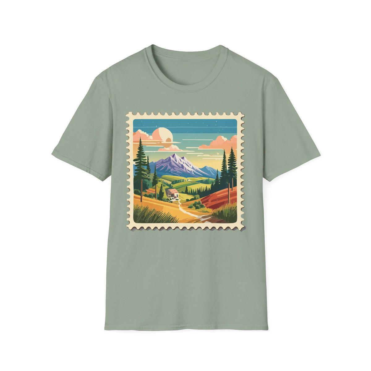 Mountain Landscape Stamp T-Shirt | Retro Sunset Scenic Tee
