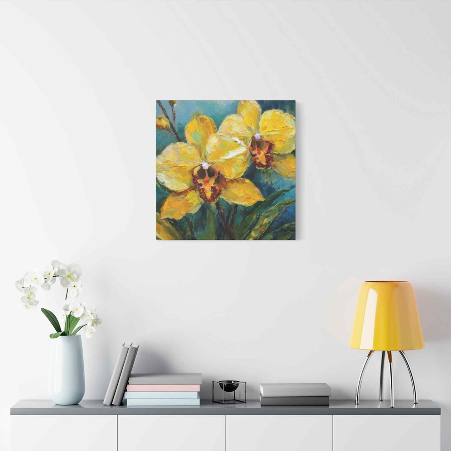Yellow Orchids Print Canvas, Floral Oil Paint Print 20x20, 24x24, 30x30, 32x32, 36x36 Art Design Pine-Wood Inner Frame MC-139