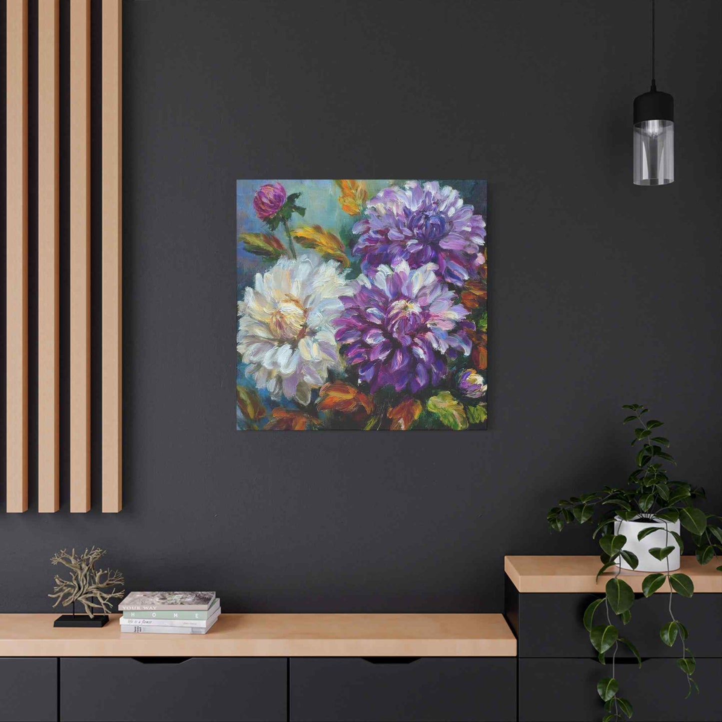 Dahlias Floral Print Canvas, Floral Oil Paint Print 20x20, 24x24, 30x30, 32x32, 36x36 Art Design Pine-Wood Inner Frame MC-173