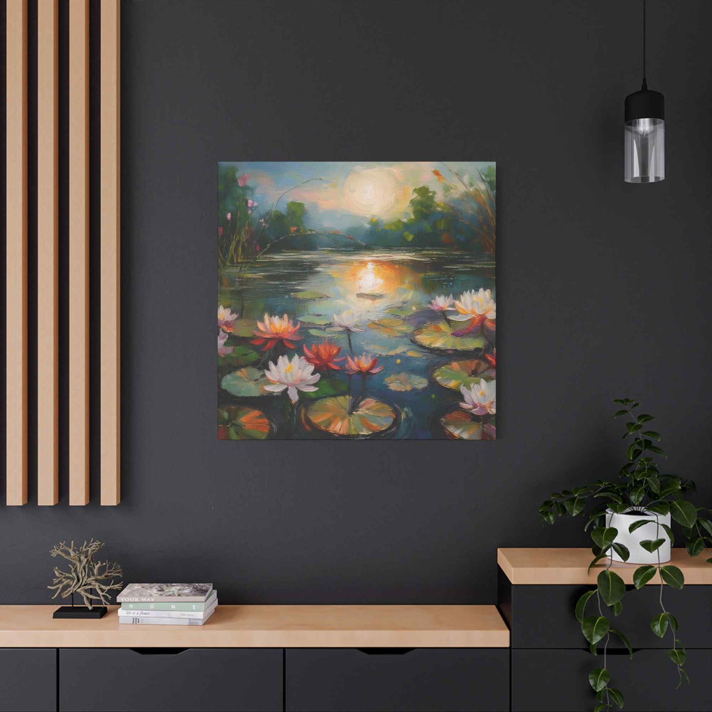 Water Lilies Print Canvas, Oil Paint Print 20x20, 24x24, 30x30, 32x32, 36x36 Floral Art Print Pine-Wood Inner Frame MC-66