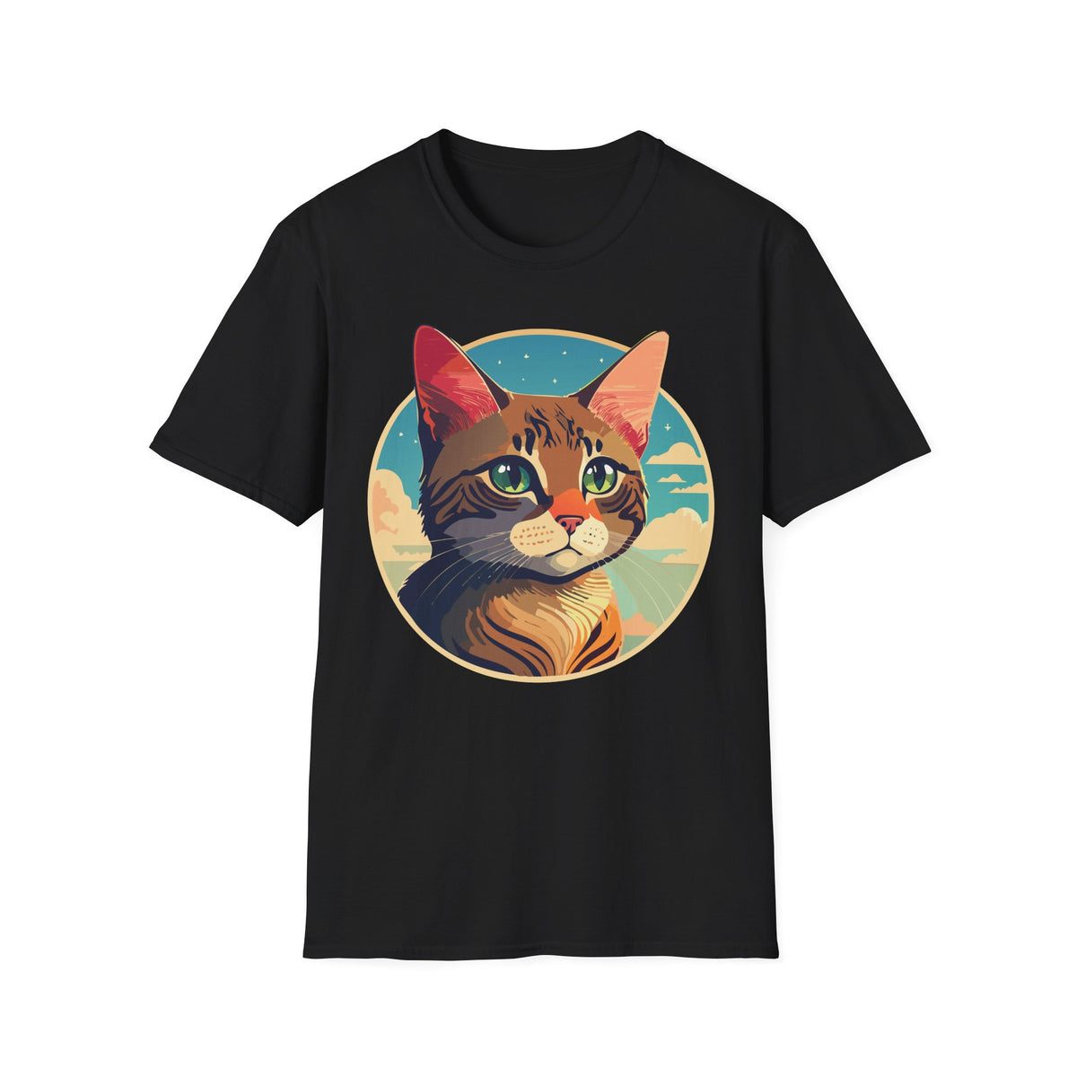 Retro Sunset Tabby Cat T-Shirt | Vintage Cat Portrait, Nautical Sky