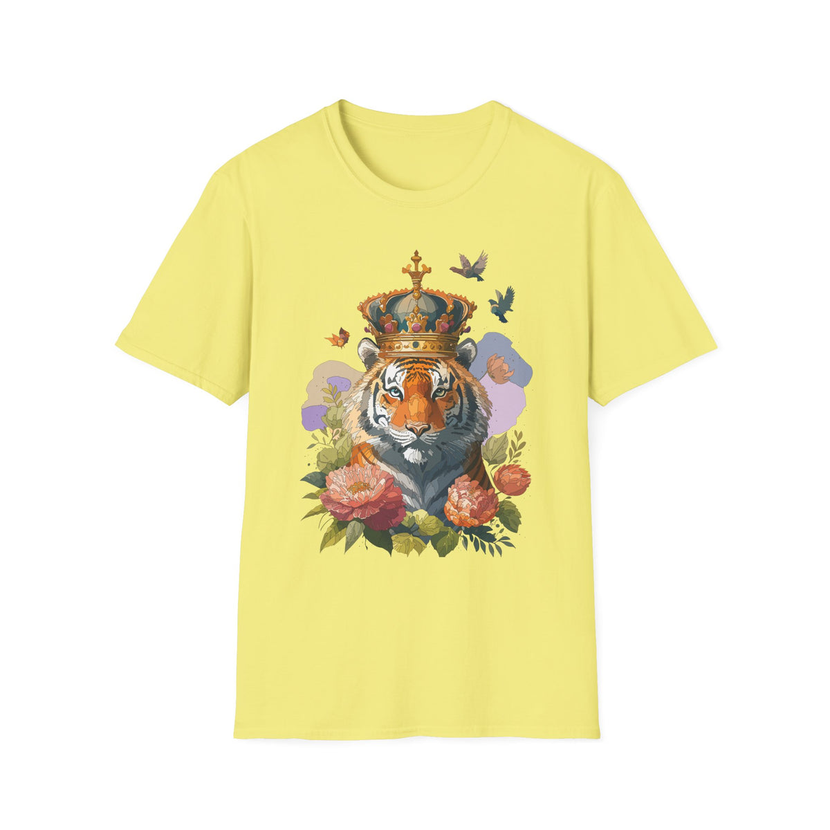 Crowned Tiger Illustration T-Shirt | Floral, Birds, Regal Wildlife Art - Unisex 100 Cotton Gildan 64000
