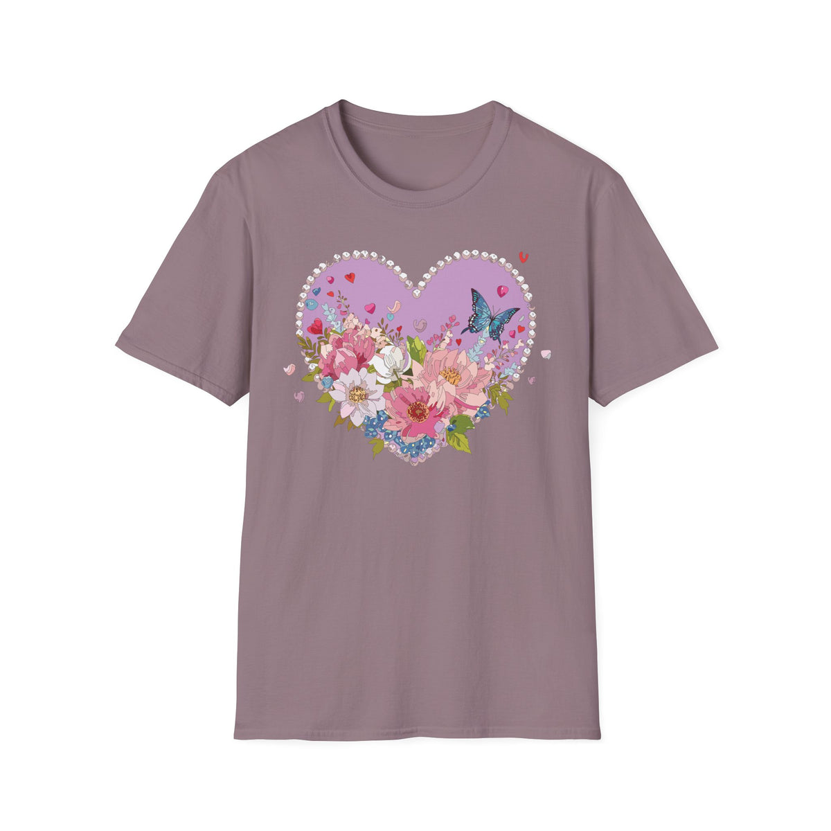 Floral Heart with Butterfly T-Shirt | Pink Flower Bouquet Tee