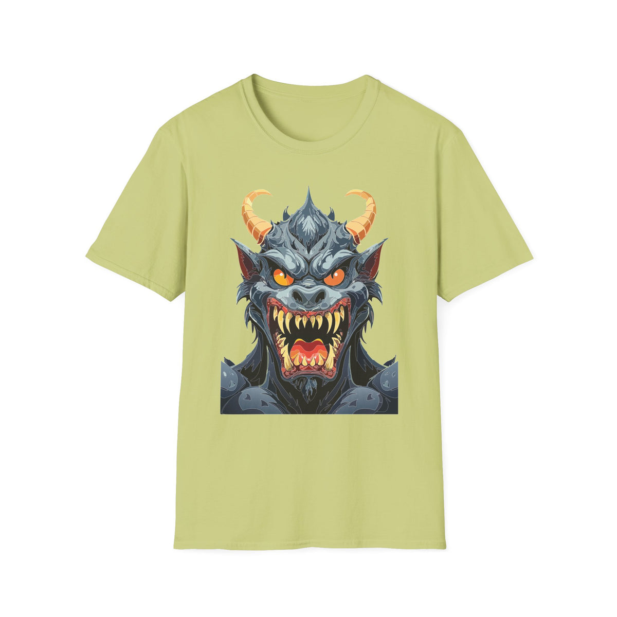Demonic Monster Face T-Shirt — Fierce Horned Demon Cartoon Graphic Tee Unisex 100 Cotton Gildan T-Shirt