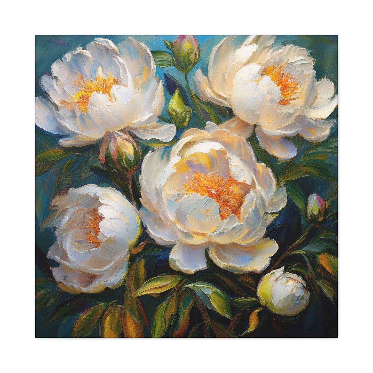 White Peonies Print Canvas, Floral Oil Paint Print 20x20, 24x24, 30x30, 32x32, 36x36 Art Design Pine-Wood Inner Frame MC-118