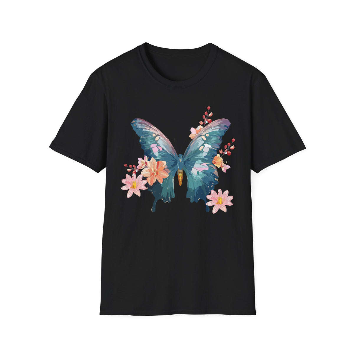 Watercolor Blue Butterfly T-Shirt | Floral Accent Graphic Tee Unisex 100 Cotton Gildan T-Shirt
