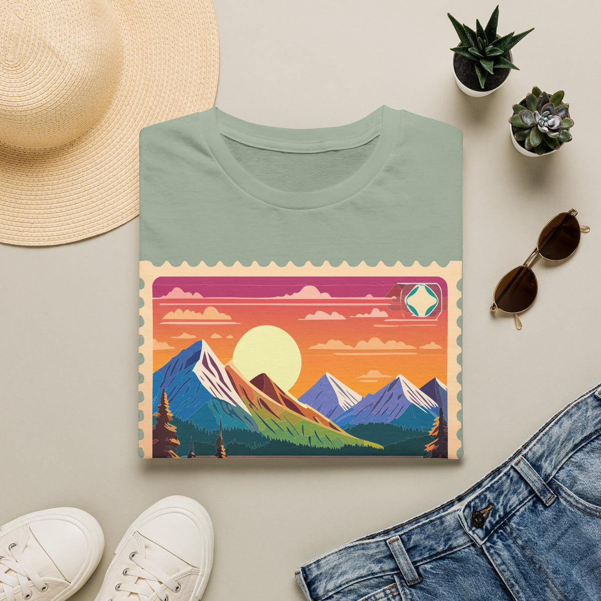 Sunset Mountain Lake landscape T-Shirt | retro postcard nature print