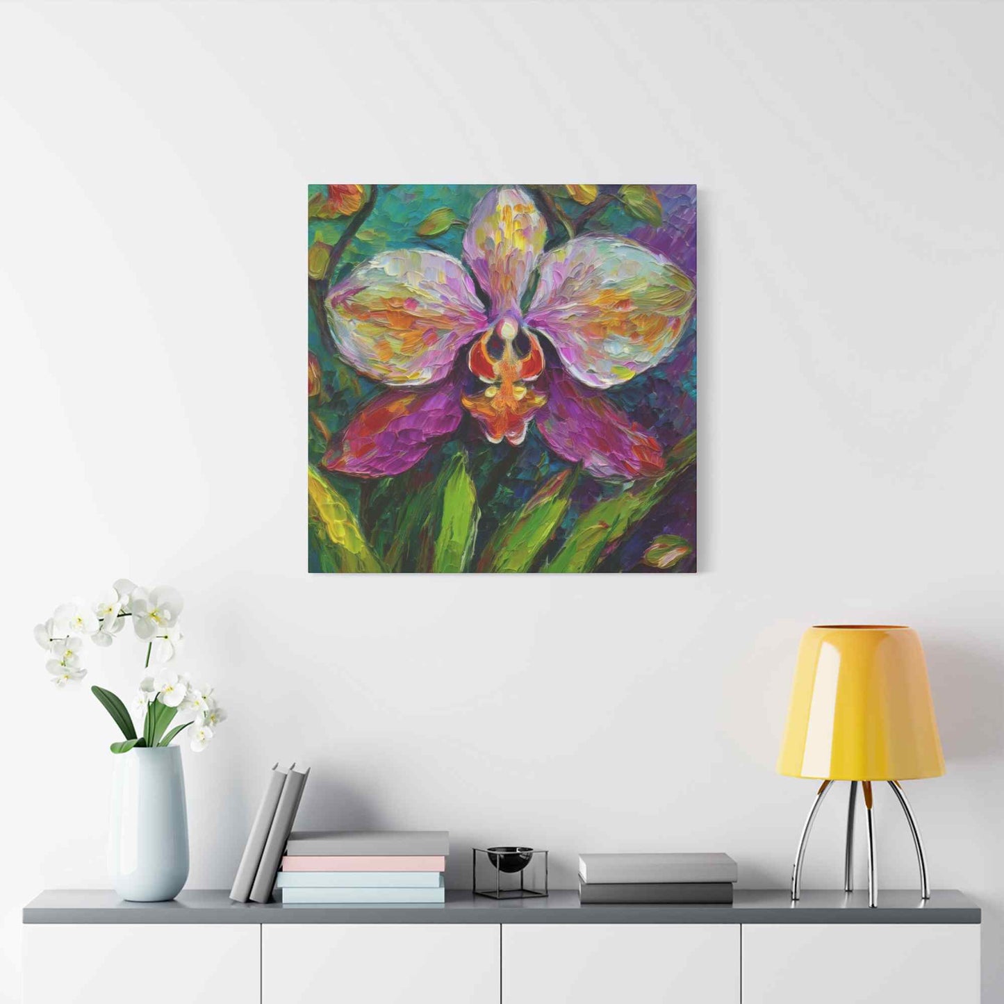Purple Orchid Print Canvas, Floral Oil Paint Print 20x20, 24x24, 30x30, 32x32, 36x36 Art Design Pine-Wood Inner Frame MC-129