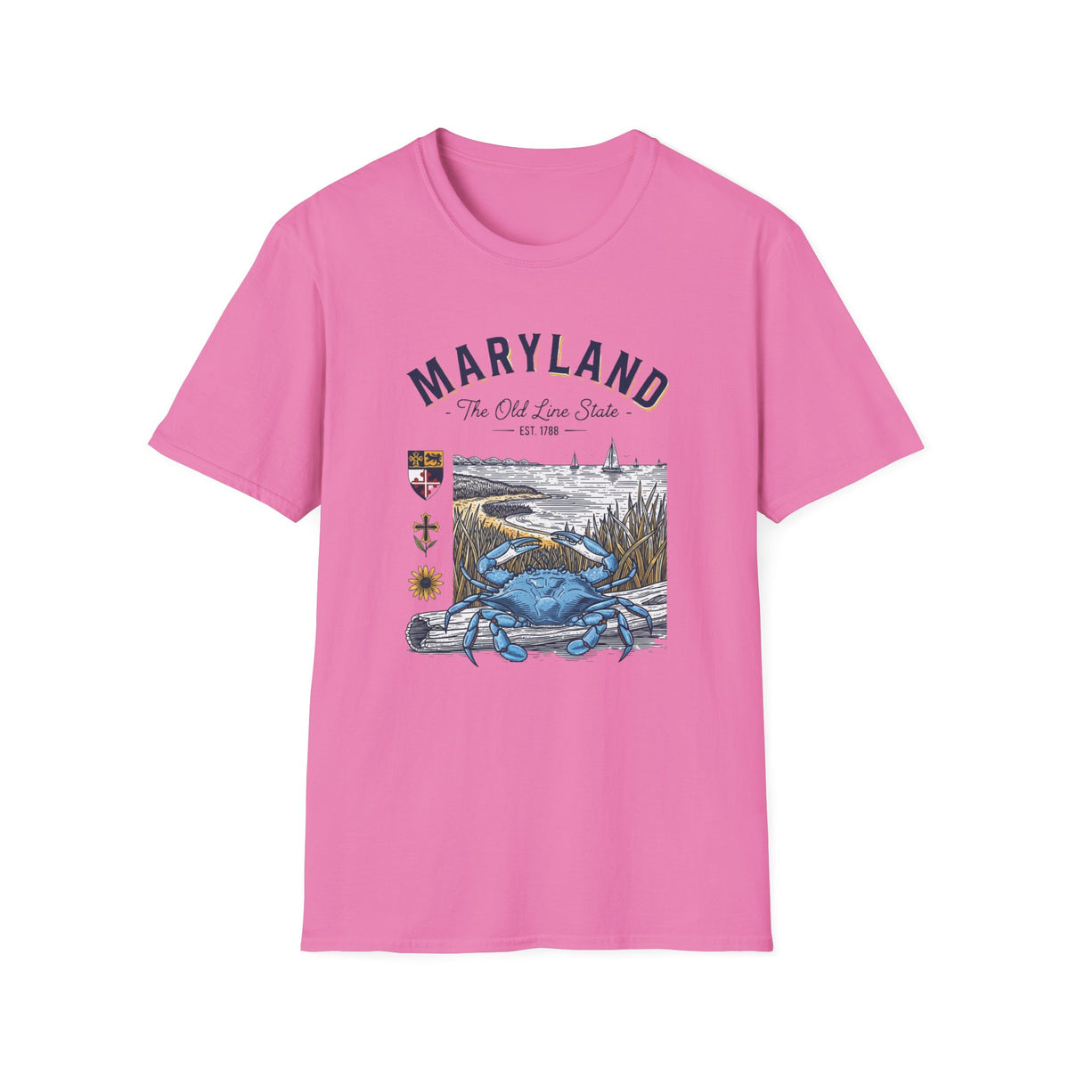 Maryland Blue Crab Scenic T-Shirt — The Old Line State Coastal Design Travel Tourist Graphic Design Unisex 100 Cotton Gildan T-Shirt