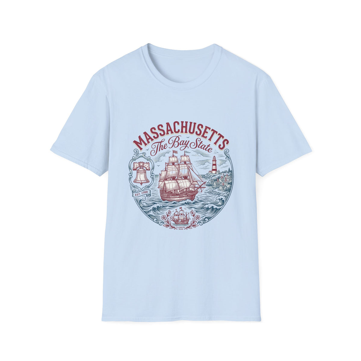 Massachusetts The Bay State T-Shirt – Vintage Nautical Ship Lighthouse Travel Tourist Graphic Design Unisex 100 Cotton Gildan T-Shirt