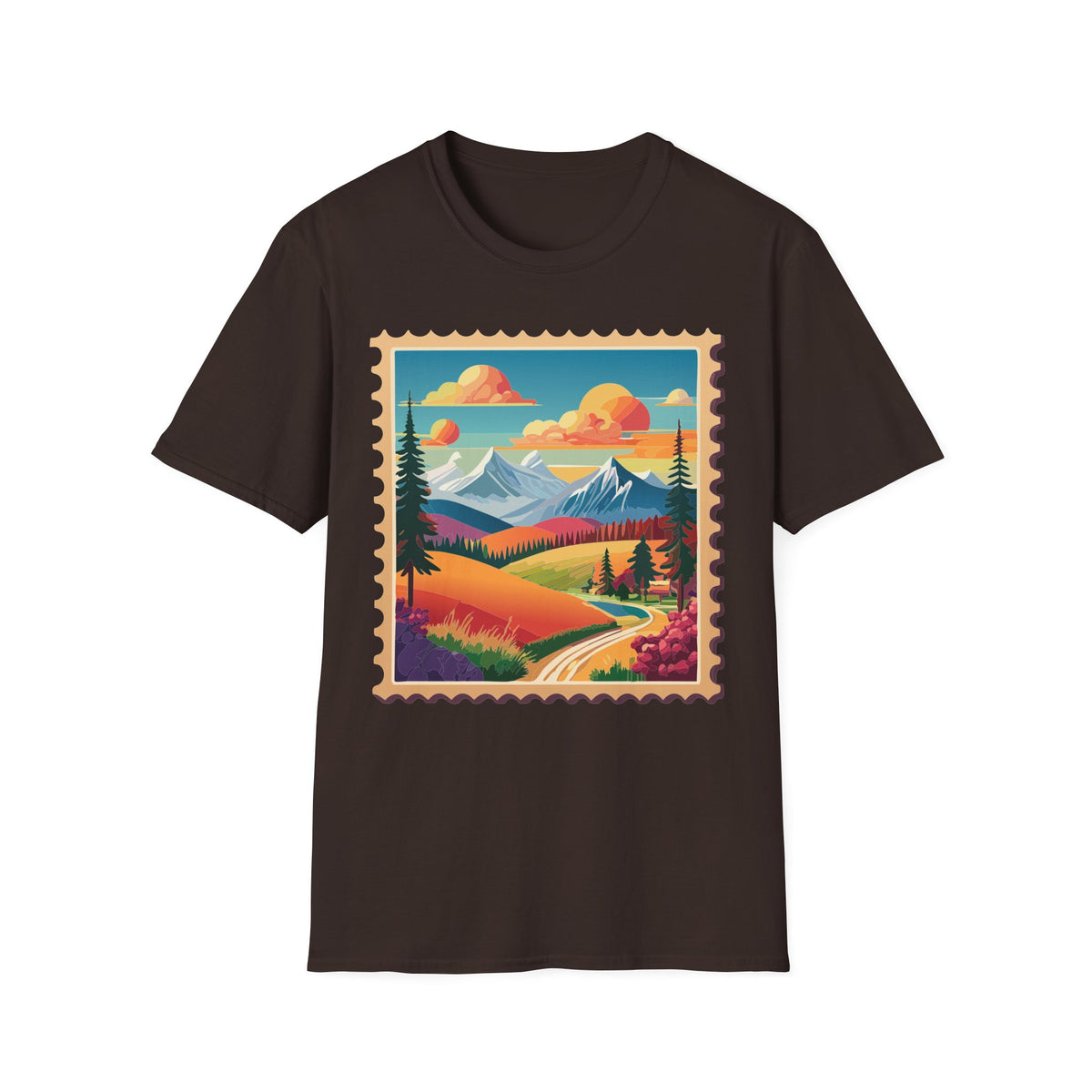 Vintage Mountain Landscape T-Shirt | Scenic Stamp Illustration