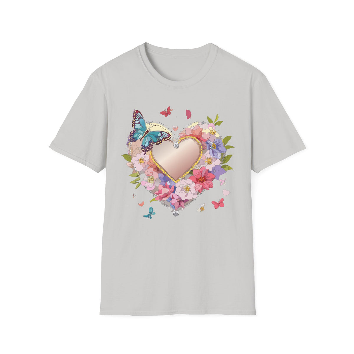 Butterfly Floral Heart Pink Gold Heart with Flowers and Butterflies Graphic Design Unisex 100 Cotton Gildan T-Shirt