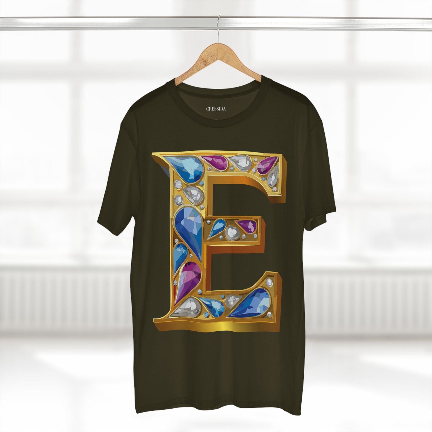Letter E Graphic Design Tee Unisex 100 Cotton With Antique Gold Letters Artwork T-Shirt